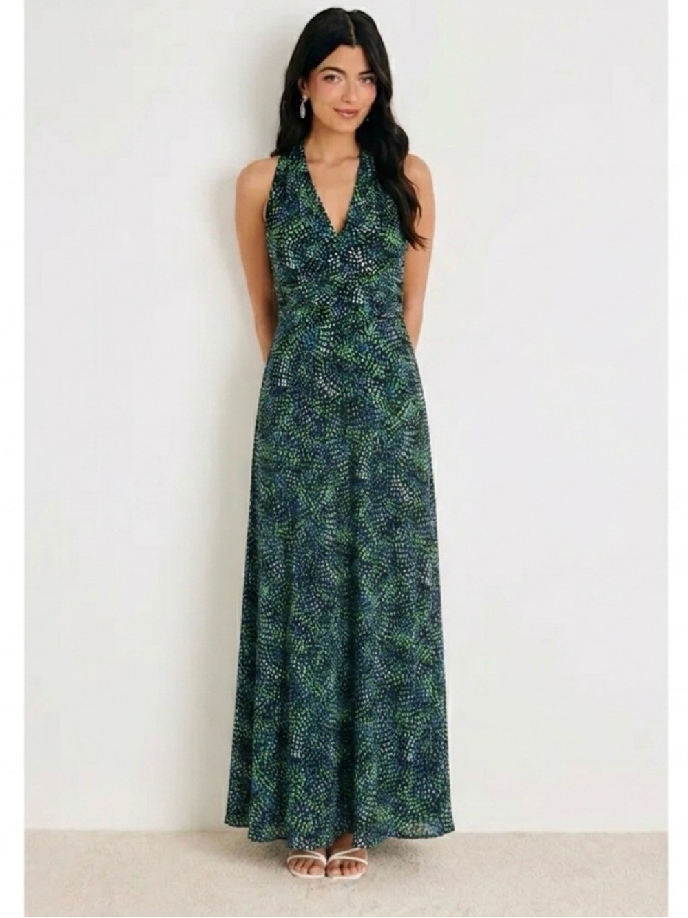 Vince Camuto Maxi Dress Black Green Blue Sleeveless Knit V-Neck Ruched SP
